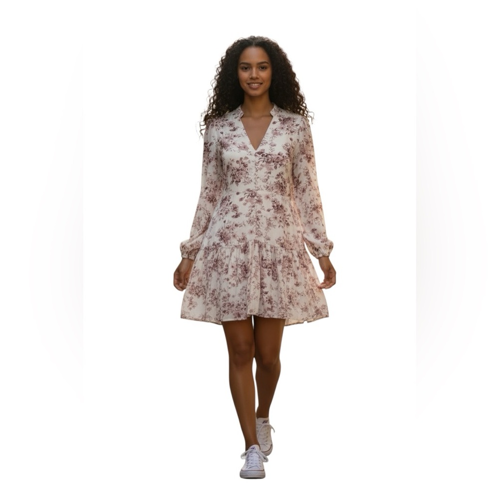 Entro long-sleeve floral mini dress romantic, vintage burgundy ivory size small